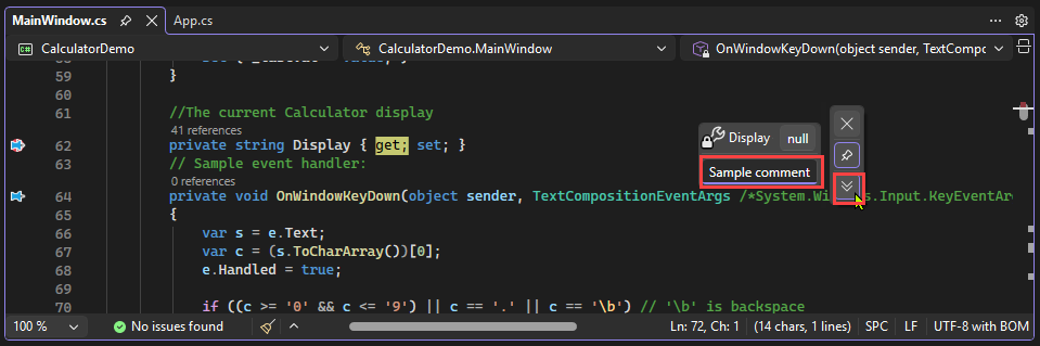 Screenshot som visar hur du anger kommentarer i ett datatips i Visual Studio.