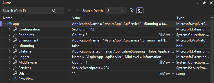 Skärmbild som visar hur du tittar på fönstret Automatiskt i Visual Studio.