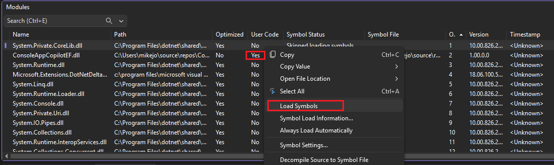 Screenshot som visar hur du visar symbolinformation i fönstret Moduler i Visual Studio.