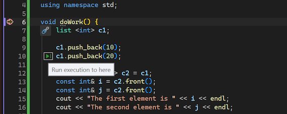 Skärmbild som visar hur du använder åtgärden Kör till klick i Visual Studio-felsökaren.