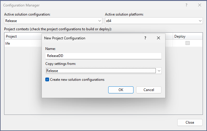 En skärmbild som visar dialogrutan Ny projektkonfiguration för en versionskompilering.