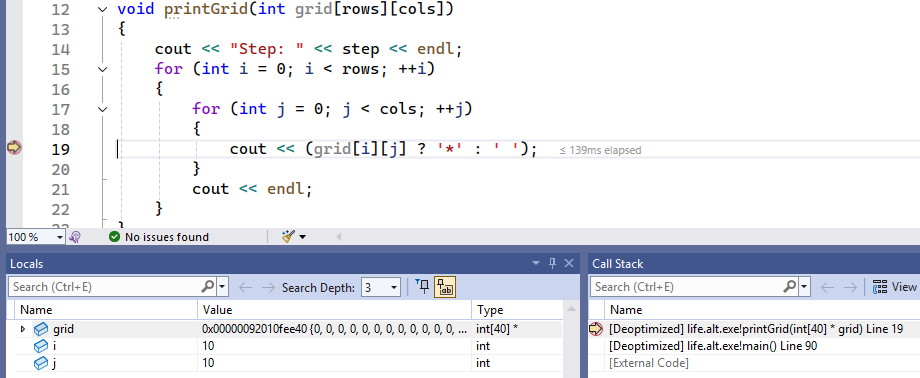 En skärmbild som visar felsökning av funktionen printGrid.