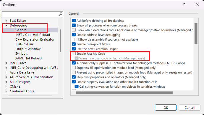 En skärmbild av felsökningsinställningarna för Visual Studio.