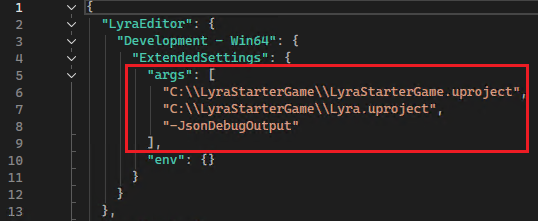 Skärmbild av UETargetProperties.json-filen med args-elementet markerat