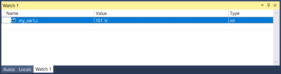 Skärmbild av Visual Studio Watch-fönstret med en markerad rad som visar my_var1.c med värdet 101 