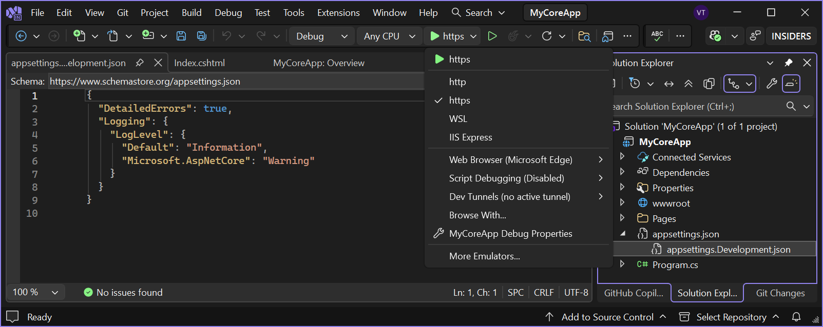 Skärmbild som visar https-knappen markerad i verktygsfältet i Visual Studio.