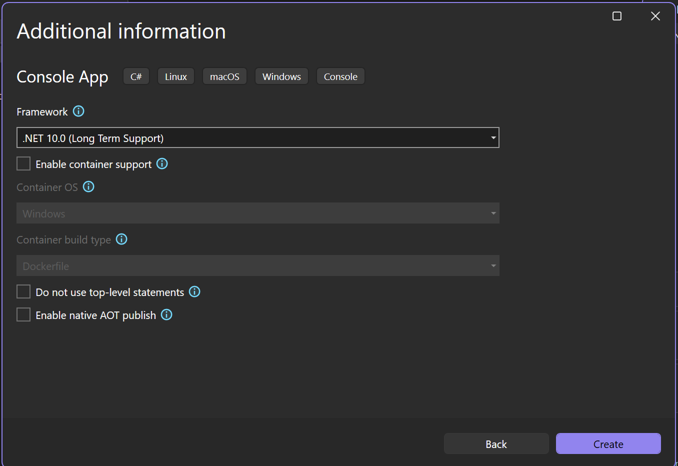 Skärmbild av fönstret Ytterligare information i Visual Studio som visar .NET 10.0 valt som målramverk för det nya projektet.