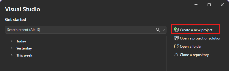 Skärmbild som visar alternativet Skapa ett nytt projekt i Visual Studio-startfönstret.