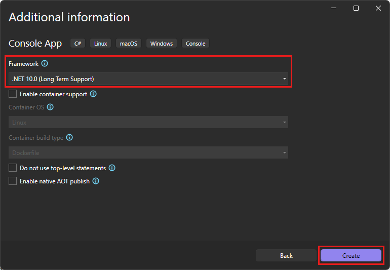 Skärmbild av dialogrutan Ytterligare information som visar .NET 10.0 valt som målramverk för det nya projektet i Visual Studio.