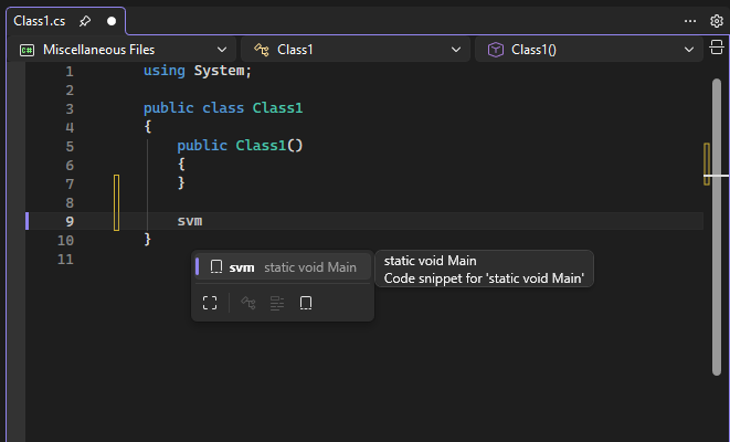 Skärmbild av ett IntelliSense-popup-fönster för ett kodfragment i Visual Studio.