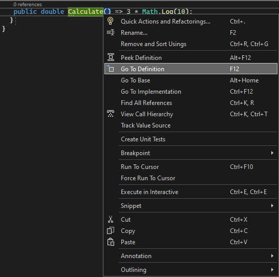 Screenshot som visar menyalternativet Gå till definition i Visual Studio 2022.