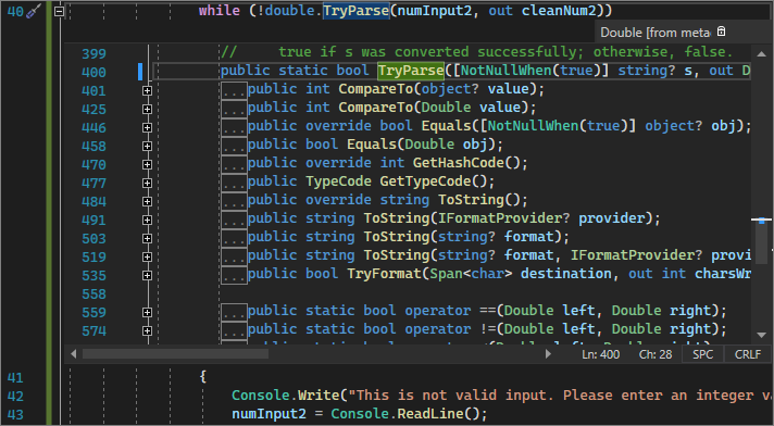 Skärmbild som visar ett fönster för peekdefinition i Visual Studio 2022.