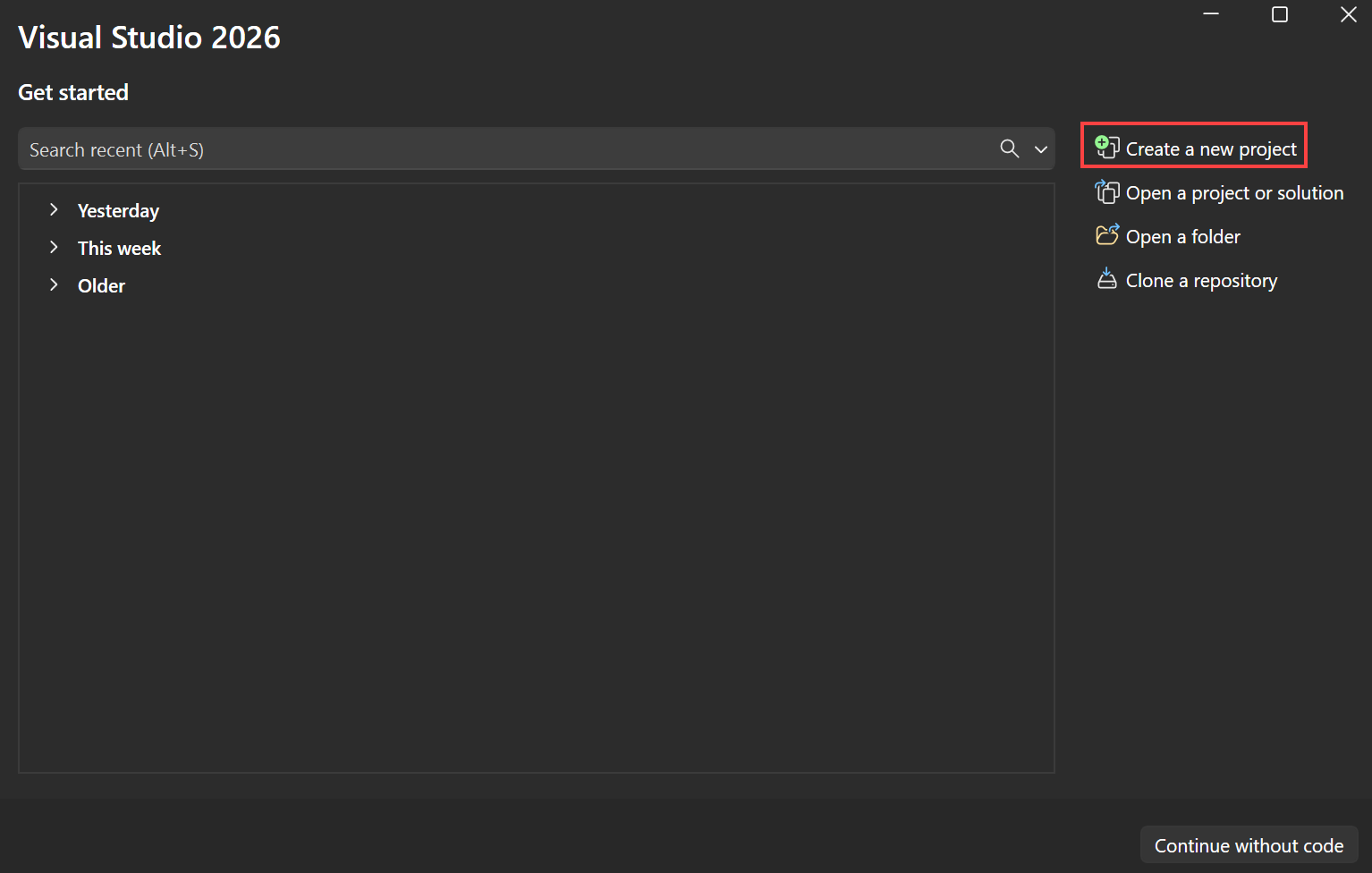 Skärmbild som visar Visual Studio-startfönstret med alternativet Skapa ett nytt projekt valt.