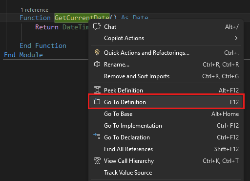 Skärmdump som visar funktionen Gå till Definition i Visual Studio.