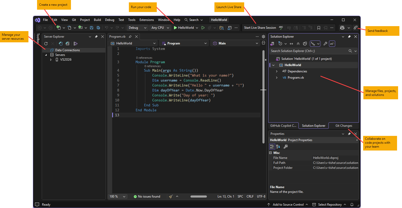 Skärmbild av Visual Studio IDE med Visual Basic kod och nyckelfunktioner.
