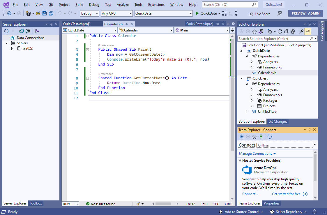 Screenshot som visar Visual Studio i Blue theme.