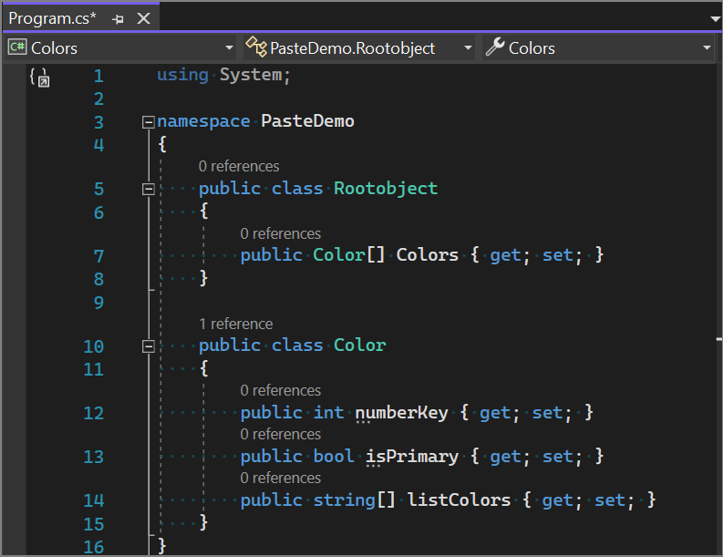 Skärmbild av JSON-exempeltexten som konverterats till klasser med hjälp av funktionen Klistra in special i Visual Studio.