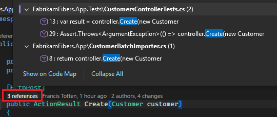 Screenshot som visar hur du väljer alternativet CodeLens-referenser i Visual Studio.