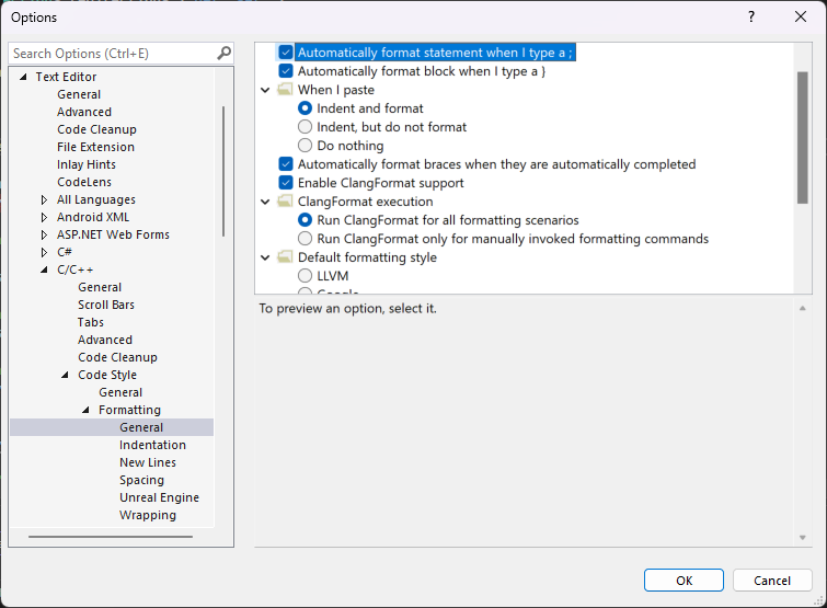 Skärmbild av fönstret Alternativ med textredigeraren.