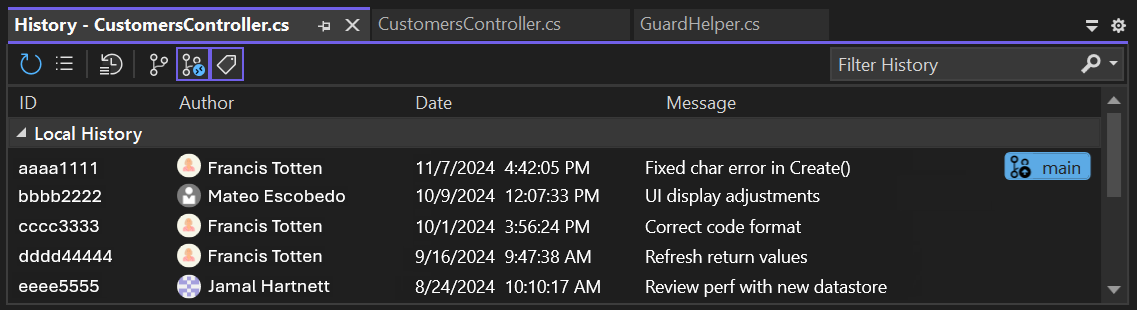 Screenshot som visar CodeLens-ändringshistoriken för kod i en GitHub-lagringsplats i Visual Studio.
