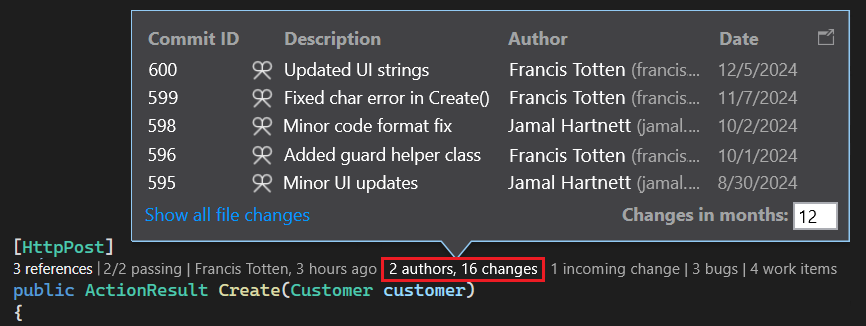 Screenshot som visar ändringshistorikdata för koden i CodeLens för Visual Studio.