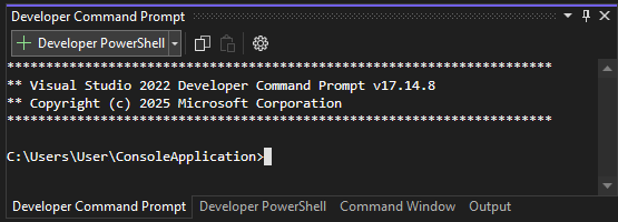 Skärmbild av terminalfönstret i Visual Studio som visar flera flikar.
