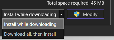 Skärmbild av alternativen för nedladdning och installation i Visual Studio Installer.