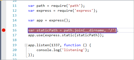 Skärmbild av Visual Studio Code-fönstret med JavaScript-kod. En röd punkt i den vänstra rännstenen anger att en brytpunkt har angetts.