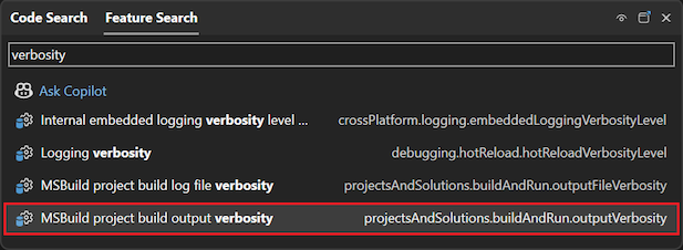 Skärmbild som visar hur du använder sökrutan i Visual Studio.
