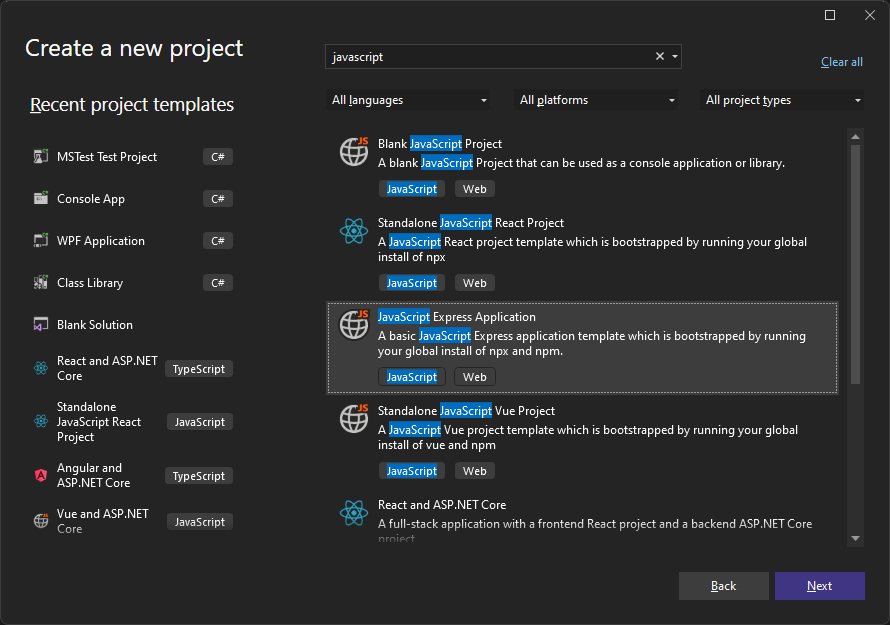 Skärmbild av sökning efter projektmallar i Visual Studio-startfönstret.