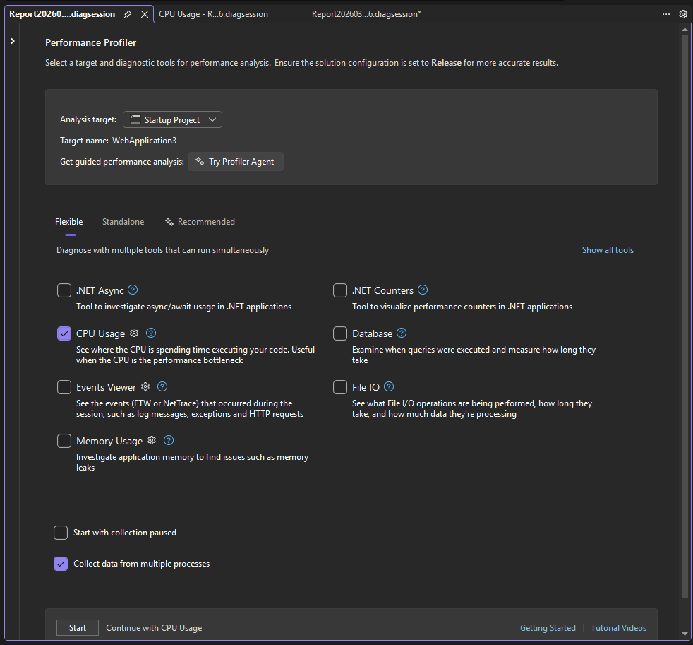 Skärmbild som visar hur du väljer data för flera processer.