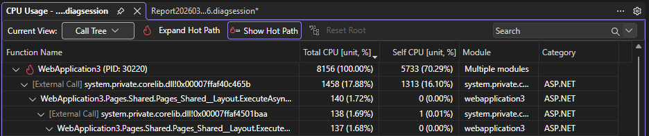 Skärmbild som visar en sökning efter kapslad extern kod.