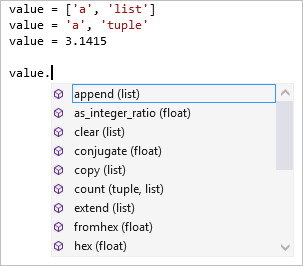 Skärmbild som visar medlemskomplettering på flera datatyper i Visual Studio-redigeraren.