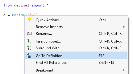 Skärmbild som visar kommandot Gå till definition i Visual Studio.