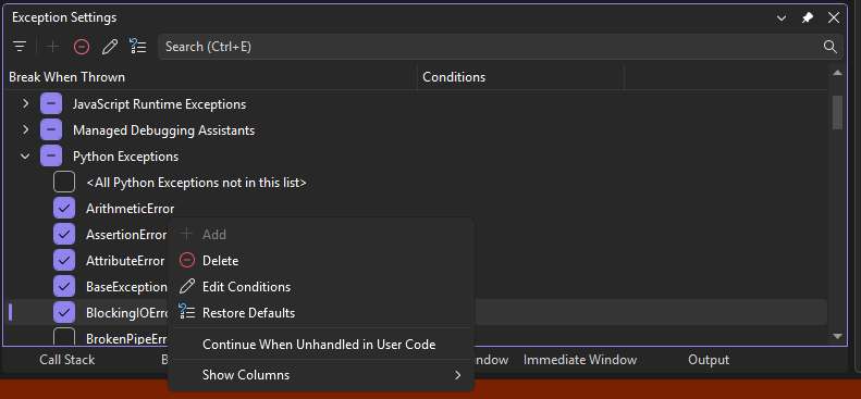 Skärmbild som visar fönstret Undantagsinställningar i Visual Studio-felsökningsprogrammet.
