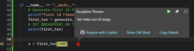 Skärmbild som visar ett popup-fönster med ett ohanterat undantag i Visual Studio-debuggern.