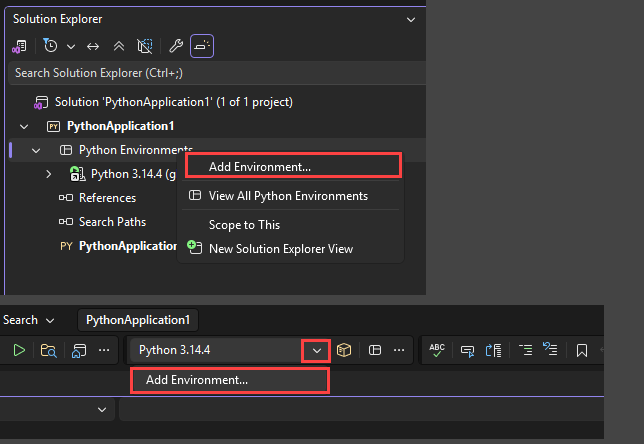Screenshot som visar de två alternativen för att komma åt funktionen Lägg till miljöer i Visual Studio.