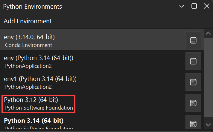 Skärmbild av en ogiltig miljö i Python-miljöer-fönstret.
