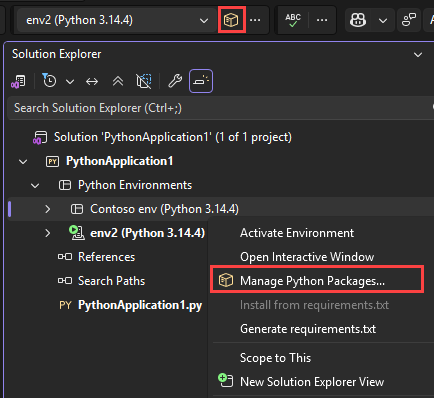 Screenshot som visar hur du kommer åt alternativet Hantera Python-paket för en miljö i Prieskumník riešení.