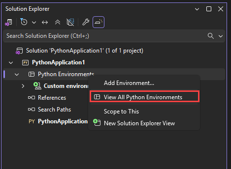 Skärmbild som visar hur du öppnar fönstret Python-miljöer genom att högerklicka i Visual Studio.