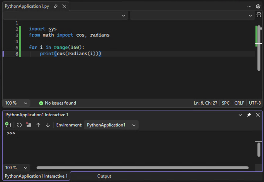 Skärmbild som visar det interaktiva fönstret för Python öppet under kodredigeraren i Visual Studio.