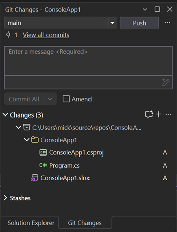 Skärmbild som visar fönstret Git-ändringar i Visual Studio.