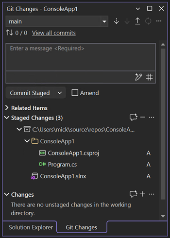 Skärmbild som visar dialogrutan Git-incheckning i Visual Studio.