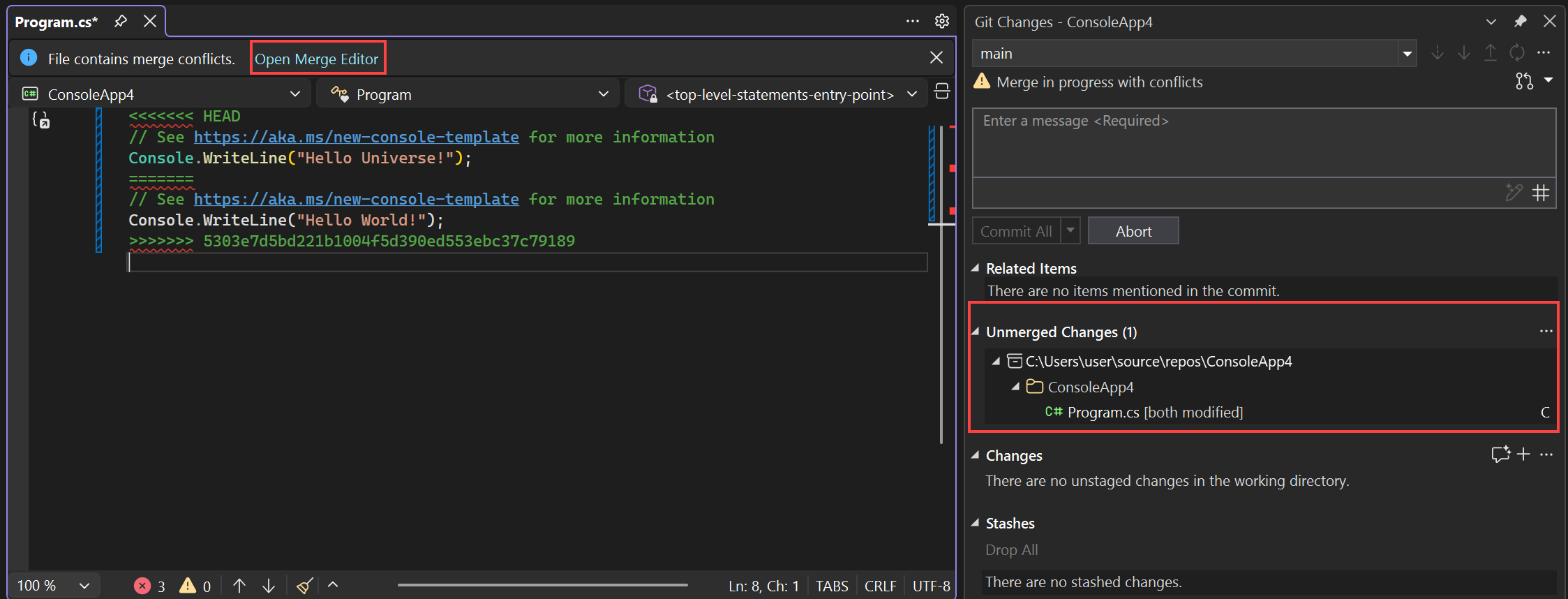 Skärmbild som visar status för sammanslagningskonflikter i fönstret Git-ändringar.