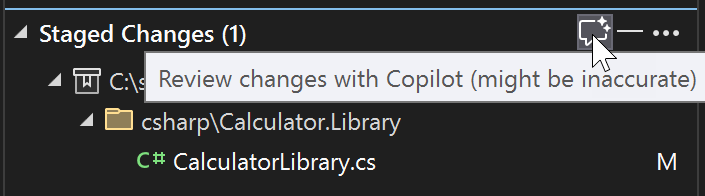 Skärmbild som visar fönstret Git-ändringar med knappen Granska ändringar.