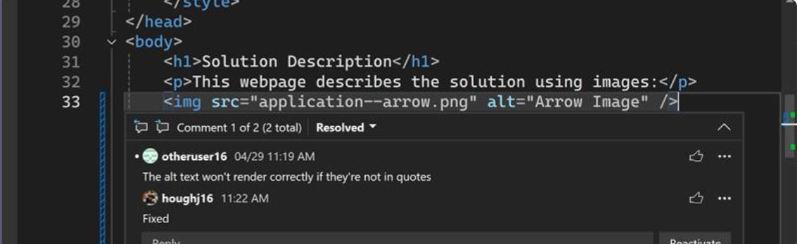 Skärmbild som visar PR-kommentarer.