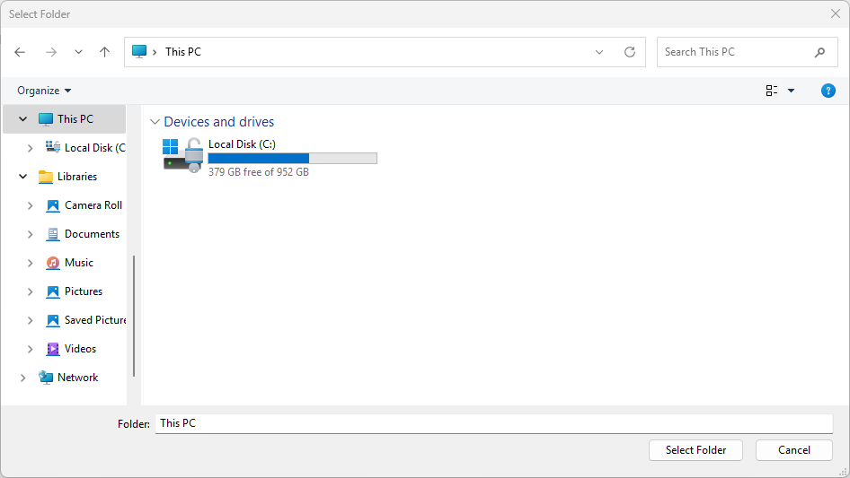 Skärmbild av en mappväljare som visar C-enheten.