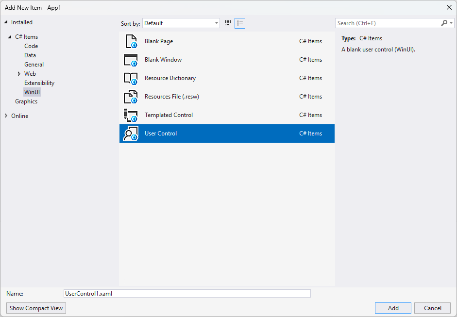 Skärmbild av fönstret Lägg till nytt objekt med WinUI\/User Control (WinUI) markerat i Visual Studio.