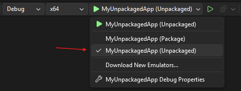 Visual Studio – Start-menyn med markerad uppackad startprofil för C#-programmet