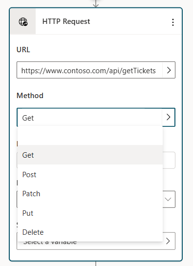 ภาพหน้าจอของ URL API ที่เสร็จสมบูรณ์และเมนูแบบเลื่อนลงสำหรับเลือกวิธีการ